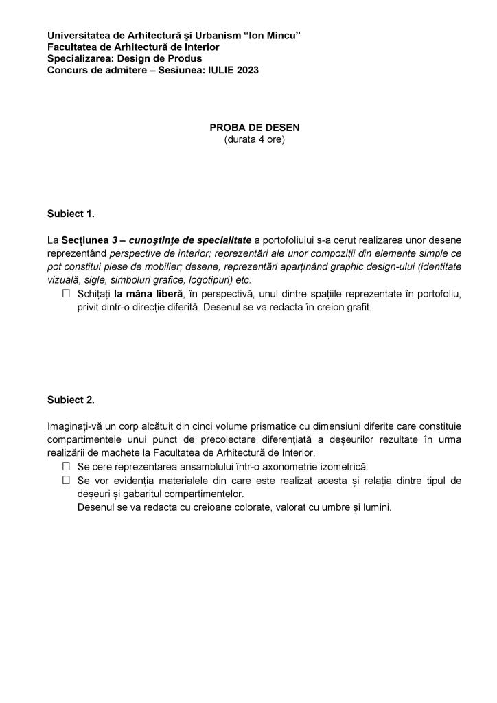 Subiecte examen de admitere Design de Produs - UAUIM - 2023